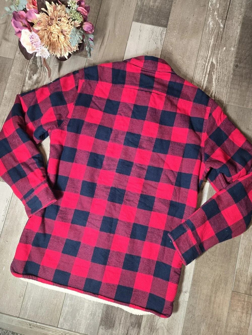 Lands’ End Red & Navy Buffalo Plaid Sherpa-Lined Shacket Men's Size Small
